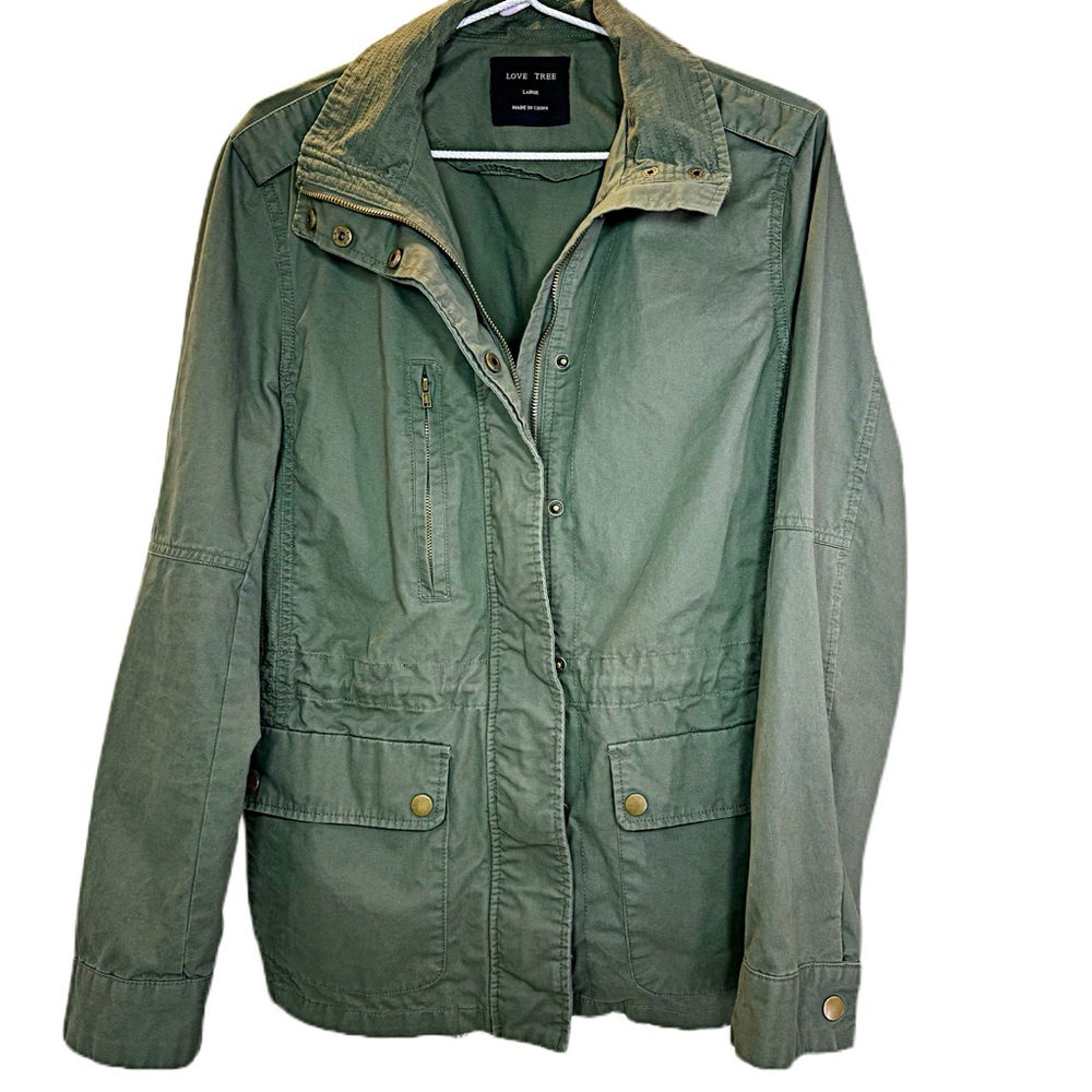 Love Tree Army Green Lightweight Cotton Jacket Zippered with Pockets Size L